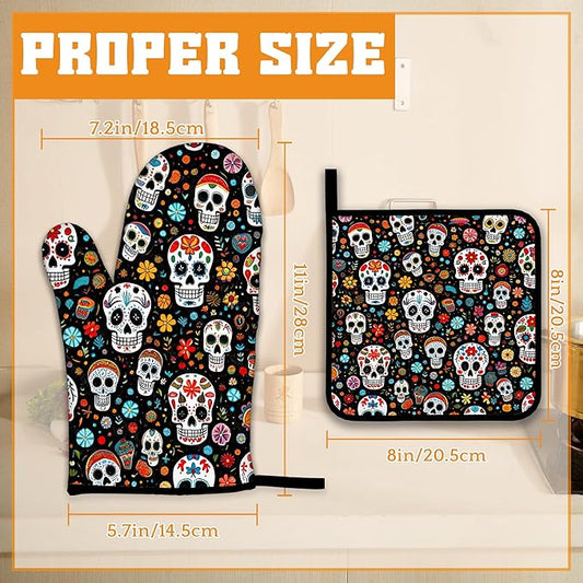 Day of The Dead Skull Mexican Oven Mitts and Pot Holders Set,Flower Kitchen Decor Heat Resistant Non Slip Hot Pads and Oven Mitt for Chef Cooking Baking BBQ Mom Girl Gifts(4 Piece Set)