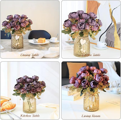 Fake Flowers in Vase,Fake Flowers with Vase 21 Pcs Faux Peony Flowers,Artificial Flowers for Home Decor, Indoor Centerpiece for Living Room & Dining Table (Purple Red)