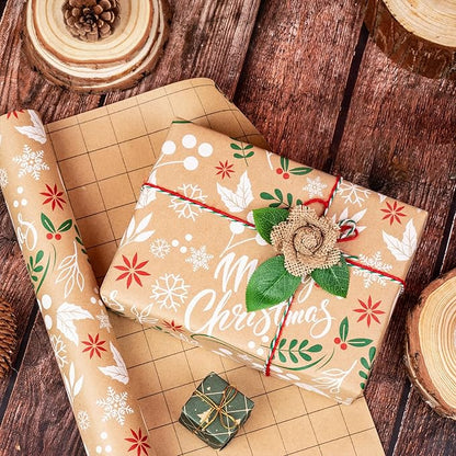 WRAPAHOLIC Kraft Christmas Wrapping Paper - Mini Roll - 17 Inch x 33 Feet - Merry Christmas Wrapping Paper with Leaves Design for Holiday, Party Celebration