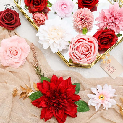 Floweroyal Artificial Flowers Combo Red Flowers Mix Silk Flowers Dahlia Roses with Stems for DIY Wedding Bridal Bouquets, Baby Shower, Floral Arrangement, Table Centerpieces, Home Decorations.