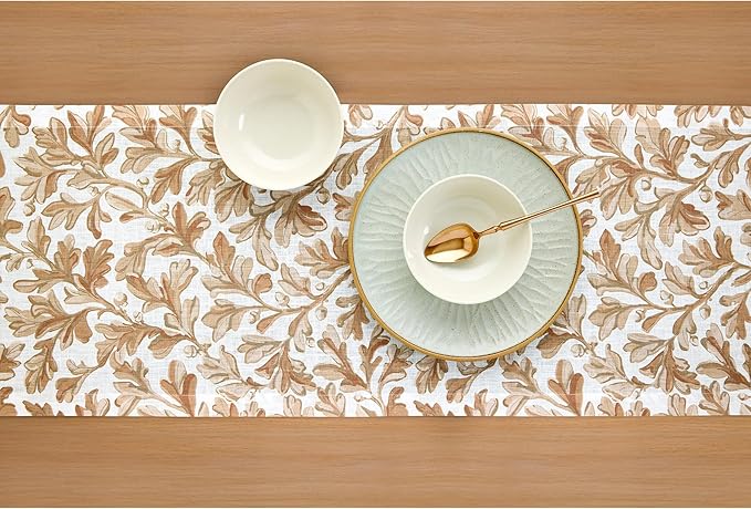 Solino Home 100% Pure Linen Fall Table Runner 108 Inches Long - Floral Print Table Runner 14 x 108 Inch for Autumn - Handcrafted and Machine Washable - Fallen Leaves Print