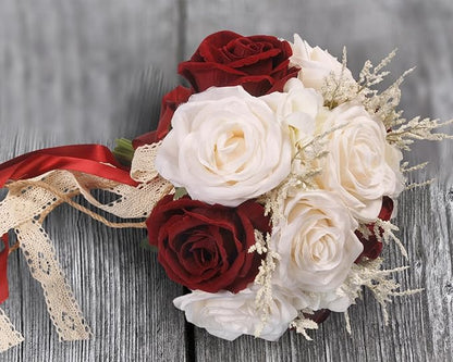 Wedding Bouquets for Bride, Champagne White & Burgundy Bridal Bridesmaid Wedding Flowers, Artificial Toss Rose for Civil Ceremony (Jute Rope Handle)