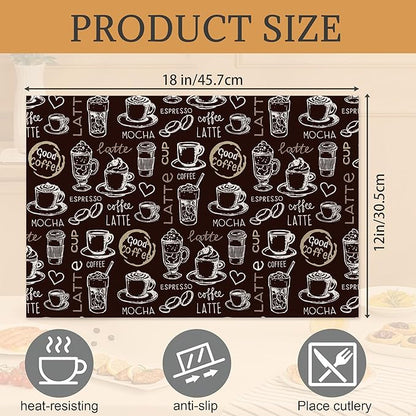 Coffee Placemats Set of 6,Washable Heat Resistant 12×18 Inch Linen Table Mats Funny Place Mats for Party Outdoor Dining Décor