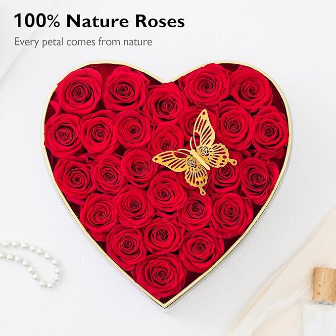 Eterfield 27 Forever Flowers in Heart Shape Box, Preserved Roses That Last a Year Preserved Flowers Birthday Gifts for Her Mom Women Wife Anniversary Valentines Day Mothers Day Christmas, Red