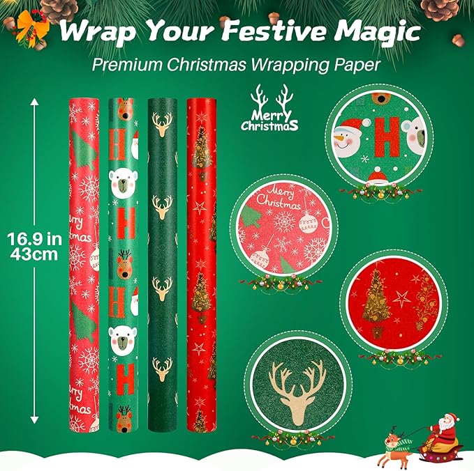 Christmas Wrapping Paper, Green Red Kraft Gift Wrap Papers Roll With Snowflakes Santa Reindeer Designs For Christmas, Thanksgiving, Holiday, Festive Gift Decor For Kids Adult, 4 Jumbo Roll x 17”x 16”