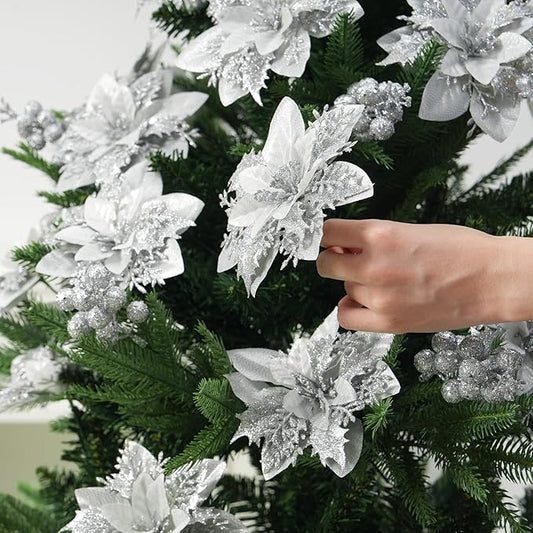 50pcs Glitter Poinsettia Christmas Ornaments, Artificial Flowers with Clips Stems for DIY Wreath Making, Holiday Home Party Decorations, Indoor Use (Sliver)