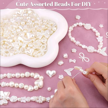 Assorted Acrylic Beads, 260-310PCS Mix ABS Imitation Pearl Cute Beads for Bracelet Making, Bow Flower Kawaii Charms for Jewelry Making DIY Necklace Keychain Phone Charm Christmas Gift