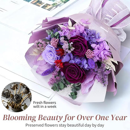 Lewondr Flower for Delivery, Preserved Flowers Bouquet, Purple Roses Bouquet, Real Long-Lasting Forever Birthday Flowers Gifts for Mom Grandma Women Mothers Day Anniversary Christmas, Purple
