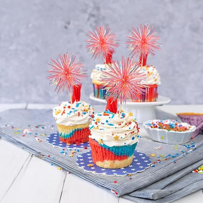 Gyufise 30Pcs Foil Firework Cupcake Toppers Sparkle Tinsel Cake Toppers Tinsel Drink Cake Decoration Cocktail Picks for Birthday Wedding Graduation Party Supplies Laser Orange