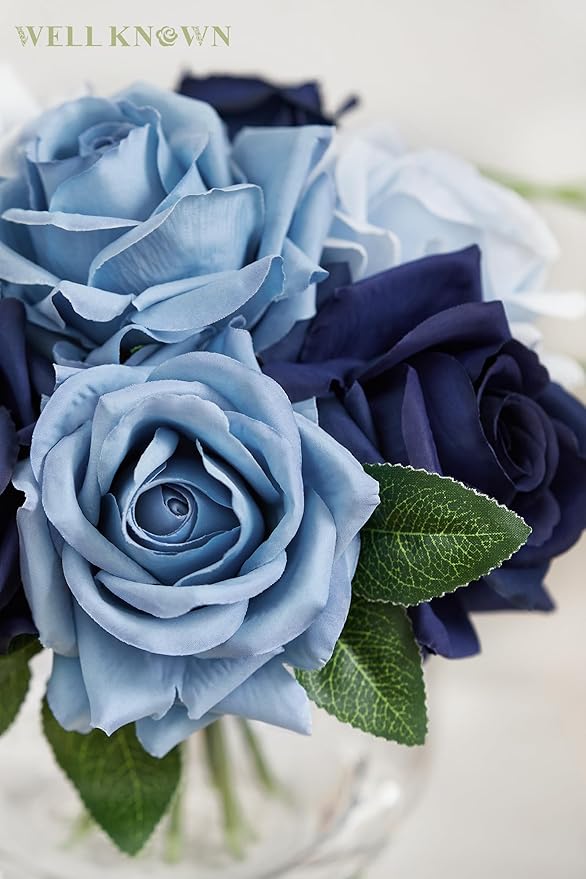 WELL KNOWN Silk Rose Artificial Flowers with Vase Artificial Rose Flower Arrangements in Round Bowl Vase with Faux Water for Home Table Decoration (Bicolor Blue)