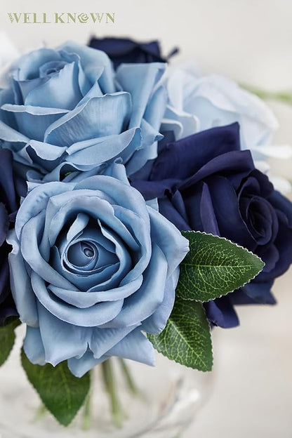 WELL KNOWN Silk Rose Artificial Flowers with Vase Artificial Rose Flower Arrangements in Round Bowl Vase with Faux Water for Home Table Decoration (Bicolor Blue)