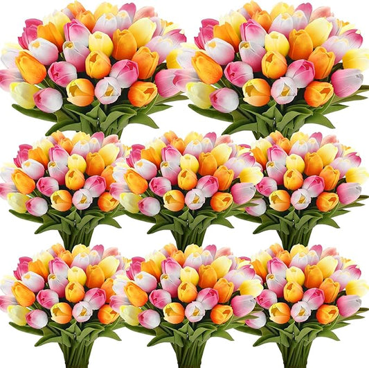 Janinka 64pcs Artificial Tulip Flowers Fake PU Tulips Faux Latex Bouquet Flower Centerpieces Arrangement Floral for Mother Day Wedding Spring Decorations (Multicolor)