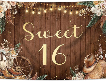 SVBright Sweet 16 Backdrop 7Wx5H Western Cowgirl Retro Boho Pampas Grass Country Flower Floral West Rustic Wooden Boots Hat Farmhouse Decorations Photography Background Banner Photo Booth Studio