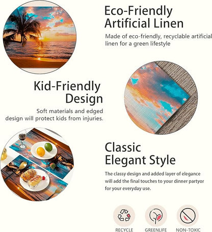 Tropical Palm Placemats Set of 6,Sunset Trees Sea Beach Table Mats Non-Slip Heat Resistant Washable Placemat for Party Kitchen Dining Table Decoration Indoor Outdoor
