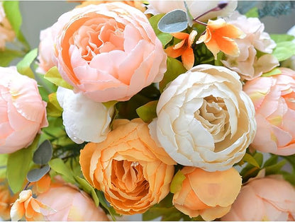 FiveSeasonStuff Harvest Keepsake Artificial Peony Bouquet – Set of 2 Faux Silk Flower Bundles with Autumn Ivory, Orange & Greenery Accents for Fall Centerpieces, Weddings & Home Decor – 1.6 ft Stems