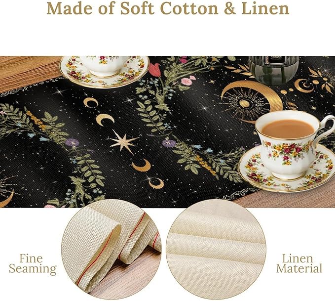 Gothic Moth Table Runner, Boho Gothic Sun Moon Phase Wildflower Mystical Witchy Farmhouse Coffee Table Center Decor for Home Kitchen Dining Patio Holiday Party Table Decorations 13x90 inches