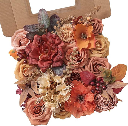 Artificial Flowers Combo Box Set Burnt Orange Fake Flower Leaf Box with Stems for DIY Wedding Bouquets Centerpieces Arch Arrangement Baby Shower Party Home Decorations