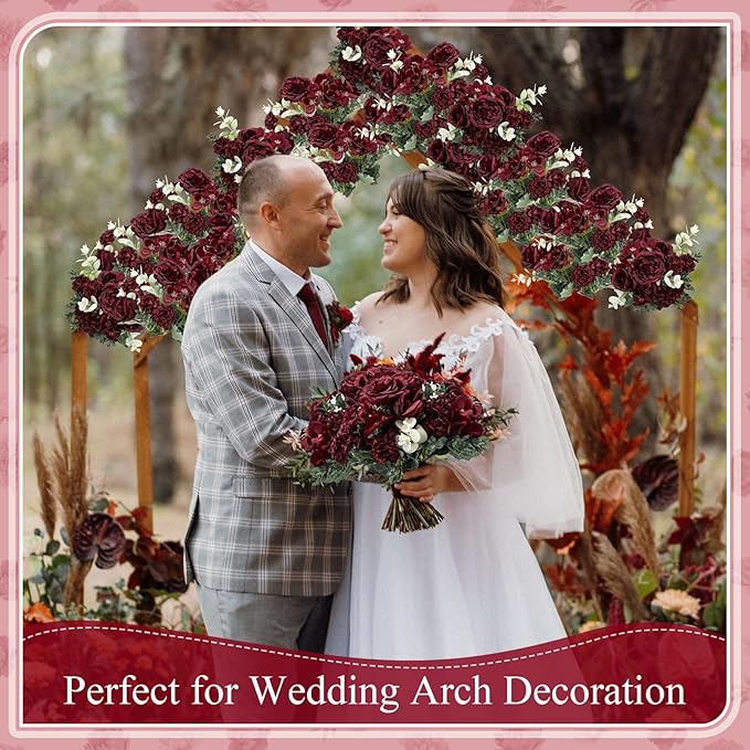 6 Pcs Artificial Peony Silk Florals Fake Mix Silk Peony Rose Faux Flower Hydrangea Bouquet Elegant Realistic Wedding Floral Centerpiece for Home Party Table Arrangement (Red)