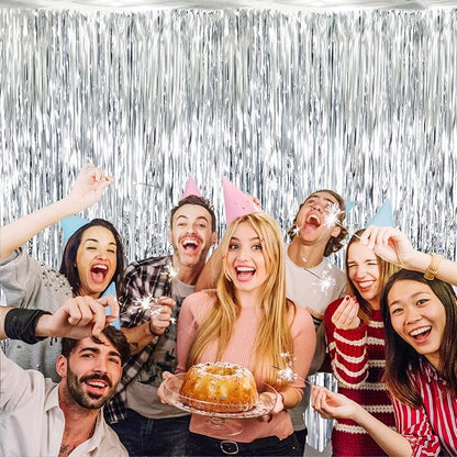 GOER 3.2 ft x 8.2 ft Metallic Tinsel Foil Fringe Curtains Party Photo Backdrop Party Streamers for Birthday,Graduation,New Year Eve Decorations Wedding Decor (4 Packs,Silver)