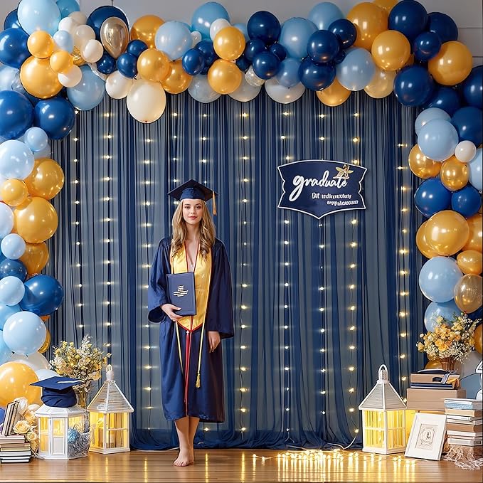 20x10ft Navy Blue Tulle Backdrop Curtain with Lights String for Parites, Sheer Backdrop Curtains for Wedding Baby Shower Birthday Party Photo Shoot Decorations