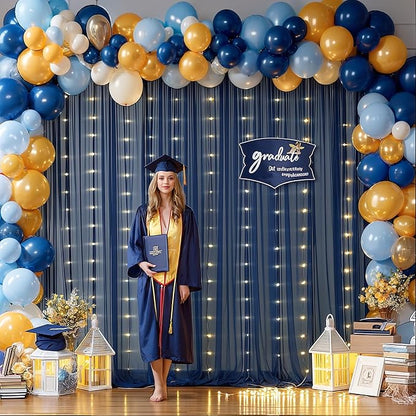 20x10ft Navy Blue Tulle Backdrop Curtain with Lights String for Parites, Sheer Backdrop Curtains for Wedding Baby Shower Birthday Party Photo Shoot Decorations