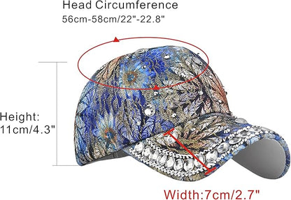 Bling Baseball Caps for Women, Rhinestone Summer Flower Baseball Hat, Adjustable Spring Fall Denim Sequin Jean Hat