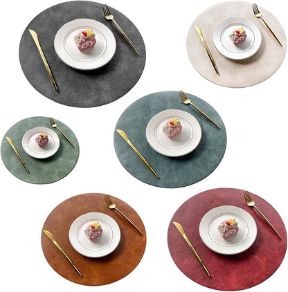 UnivoColors PU Leather Placemats Set of 6,15" Round Washed Cowhide Pattern Table Mats for Dining Table, Kitchen, Party Decoration(Black+Blue+Green+Reddish Brown+Red+Beige)
