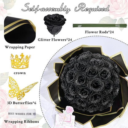 Waipfaru Glitter Roses Bouquet, DIY Fake Flowers Bouquet, Birthday Gifts for Women Mom, 24 Pcs Black Rose for Grandma Wife Girlfriend Valentines, Mothers Day, Anniversary, Graduation