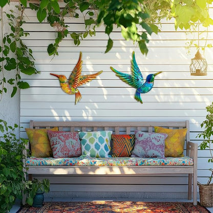 HONGLAND Metal Hummingbird Wall Art 12inch Metal Birds Wall Sculpture Garden Decoration Outdoor Statue Patio Fence Hanging Plaques 2 Pack（Multicolor）