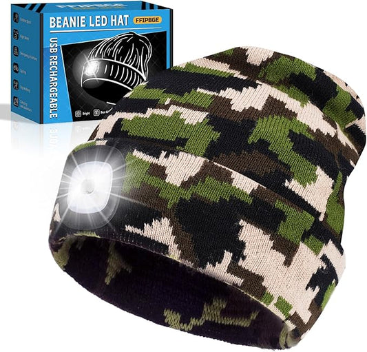 Christmas Stocking Stuffers for Men Adults, Beanie Hats with Light, USB Rechargeable LED Hand Free Headlamp, Birthday Gifts for Men, Women, and Teens, Ideal for Camping, Hiking, Camouflage