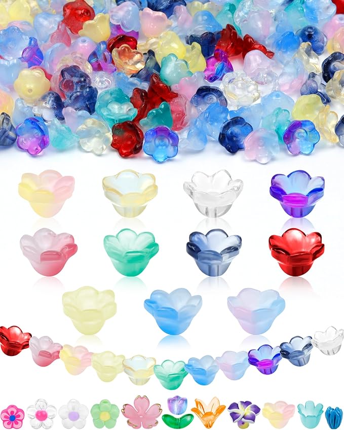 FIVEIZERO 200PCS Glass Lily Bell Flower Beads, 11 Colors Trumpet Crystal Floral Bead Charms for Bracelets, Necklaces & DIY Jewelry Making