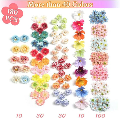 180Pcs Mini Fake Flower Heads Multicolor Small Silk Faux Flower Heads Artificial Rose Daisy Flowers Bulk for Cake Crafts DIY Graduation Cap Wedding Hair Dresses Wreath Party Home Decor