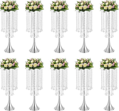 10 Pack Acrylic Crystal Flower Vases, Trumpet Shape Centerpiece with Hand-Strung Beads, Flower Stand Wedding Centerpieces on Floor for Wedding Aisle Decor, Event Centerpieces Decoration (Silver)