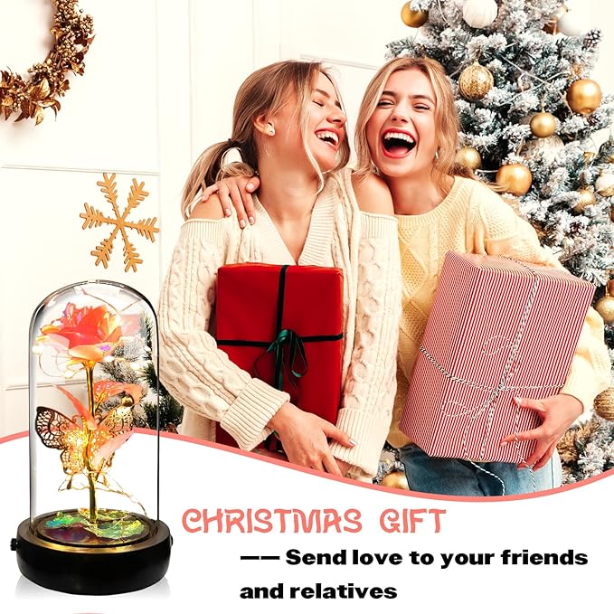 Birthday Rose Flower Gifts for Women, Glass Flower Gift for Mom from Daughter Son, Rose Gold Light Up Rose in Glass Dome with Music Box for Her Wife Grandma