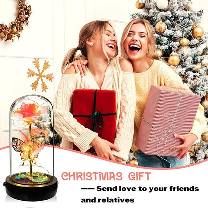 Birthday Rose Flower Gifts for Women, Glass Flower Gift for Mom from Daughter Son, Rose Gold Light Up Rose in Glass Dome with Music Box for Her Wife Grandma
