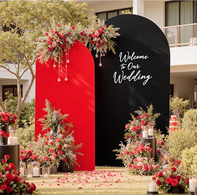 Black Red Arch Backdrop Cover Set of 2-7.2ft 6ft Dual Color Wedding Arch Cover-Wrinkle Free Stretchy Spandex Fitted Chiara Arch Stand Cover for Black Red Theme Birthday Party Photo Photography