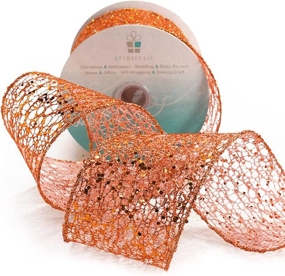 CT CRAFT LLC Sparkling Glitter Mesh Wired Ribbon 2.5" x 10 Yards Bronze Orange for Christmas Home Decor Bow Gift Wrapping DIY Crafts Wreath