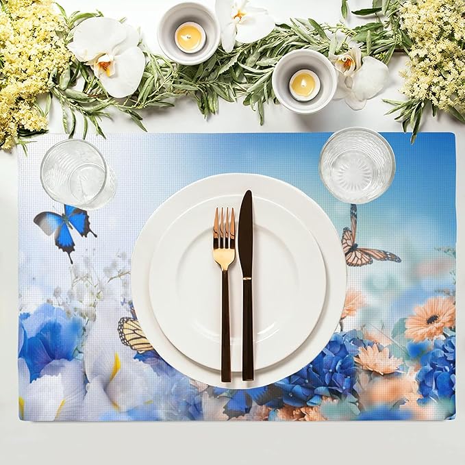 Flying Butterfly Placemats Set of 4, Blue Flowers 12x18 Inch Non-Slip Washable Heat Resistant Linen Fabric Table Mats,Place Mats for Holiday Party