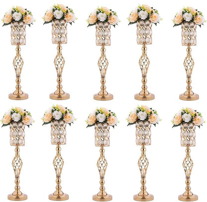Set of 10 Metal Diamond Crystal Wedding Centerpiece Vases for Tables, 24in Gold Versatile Tall Flower Holders Centerpiece Flower Stands for Wedding Party Reception Dining Room Living Room Décor