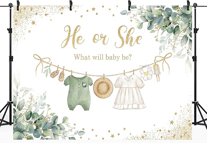 Riyidecor Green Gender Reveal Backdrop Polyester Fabric He or She What Will Baby Be 8Wx6H Feet Boho Watercolor Gold Dots Sage Eucalyptus Leaves Photography Background Baby Shower Photo Studio Shoot