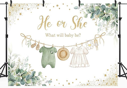 Riyidecor Green Gender Reveal Backdrop Polyester Fabric He or She What Will Baby Be 8Wx6H Feet Boho Watercolor Gold Dots Sage Eucalyptus Leaves Photography Background Baby Shower Photo Studio Shoot