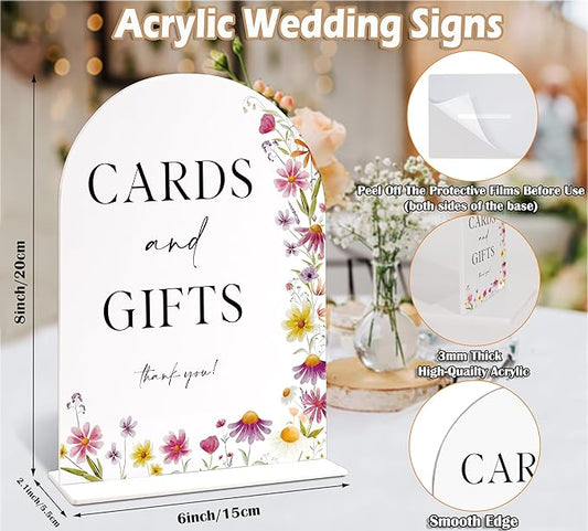 6x8" Cards and Gifts Sign for Wedding Table Decor, Wild Flower Arch Acrylic Wedding Signs for Reception, Floral Bridal Shower Engagement Party Decor for Baby In Bloom Baby Shower Decorations