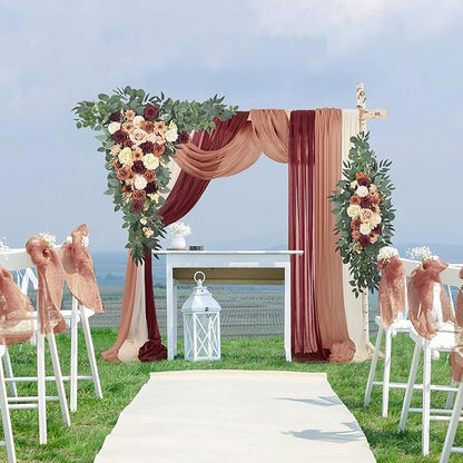 Wedding Arch Flowers Kit Pack of 5, 2pcs Large Artificial Terracotta & Burgundy Floral Swag and 3pcs Draping Fabric for Wedding Ceremony Arbor Reception Backdrop Decoration