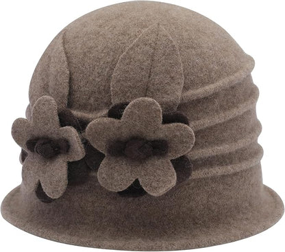 ZLYC Women Wool Cloche Bucket Hat 1920s Vintage Dress Winter Hats with Flower Accent