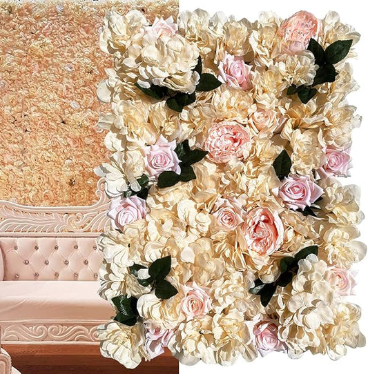 LOYALHEARTDY 12 Pack Artificial Flower Wall Panels 24" x 16" Khaki Faux Hydrangea and Rose Artificial Flower Backdrop Panels for Wedding Party Event Flower Wall Decor
