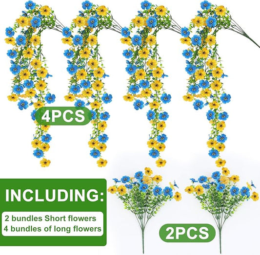 Artificial Flowers for Outdoors 6PCS，All Weather Fade Proof, UV Resistant Waterproof Realistic Faux Silk Mums Daisies Blue & Yellow for Hanging Planters Porch Patio Balcony Deck Fence Garden Decor