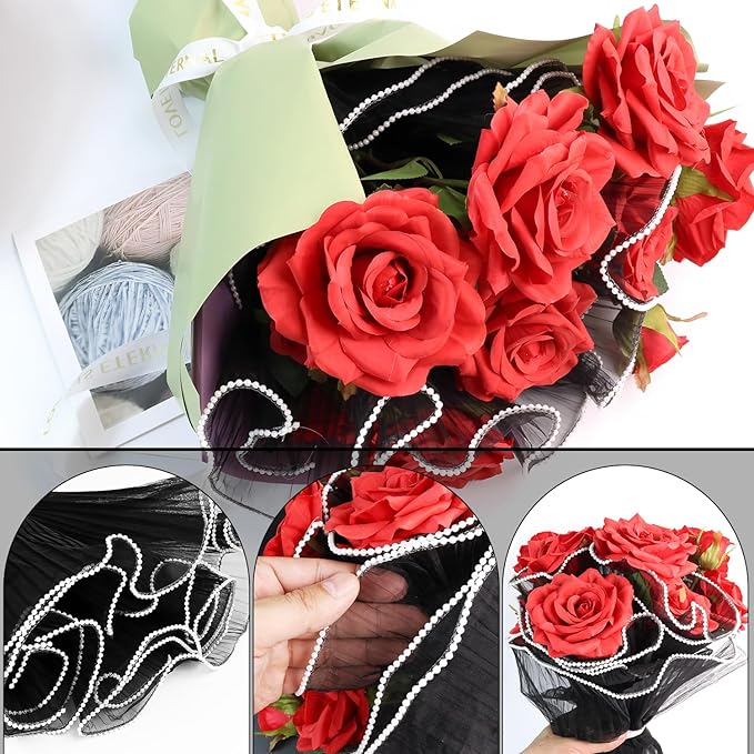 4 Yards Pearl Mesh Flower Wrapping Paper for Bouquets, Korean Floral Wrapping Paper, Pearl Mesh for Bouquets, DIY Gift Packaging, Valentines Flower Shop Decoration (4 Yards Black)