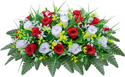 Artificial Cemetery Flowers Saddle-Shaped Tombstone Decorations Non-Fading UV-Resistant （Red and White Saddle