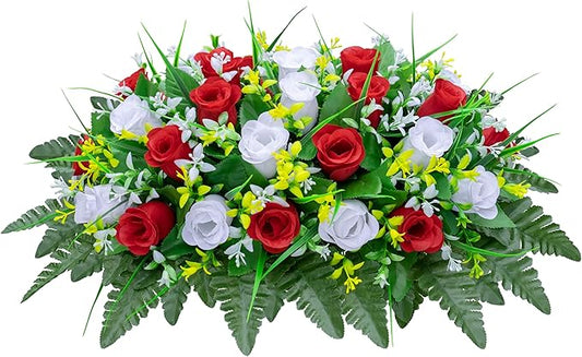 Artificial Cemetery Flowers Saddle-Shaped Tombstone Decorations Non-Fading UV-Resistant （Red and White Saddle