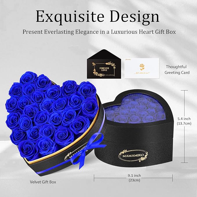 27 Preserved Roses in Heart Shape Gift Box for Her - Forever Flowers for Delivery, Eternal Rose Mothers Gifts for Mom, Wife Anniversary Birthday Gifts for Women, Blue